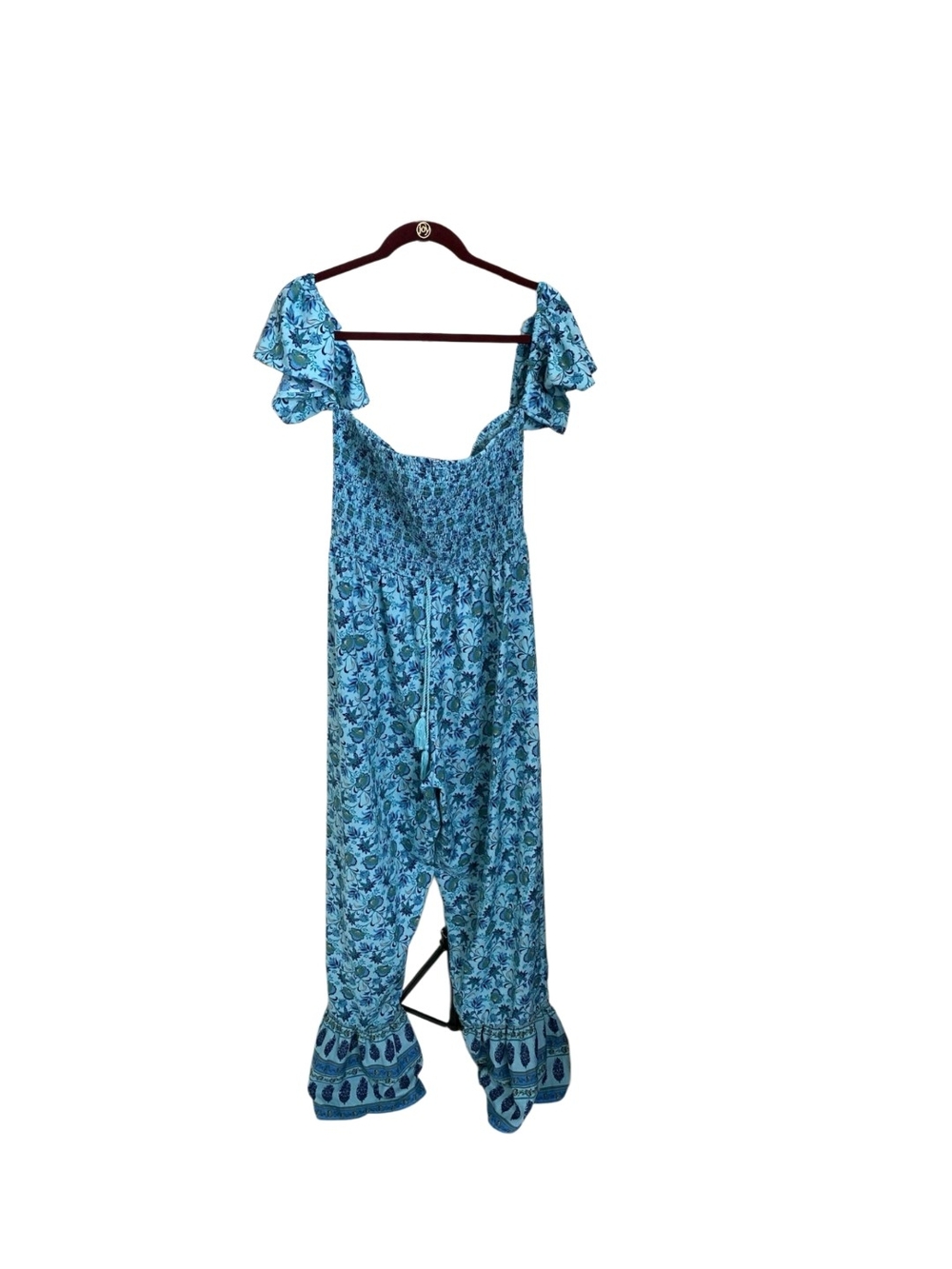 BOG Collective Wm L Blue Floral Smocked Off the Shoulder Flare Leg Jumpsuit